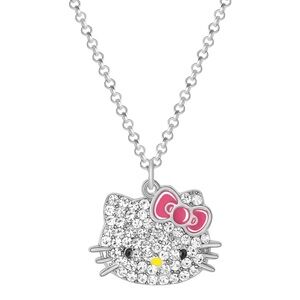 NEW HELLO KITTY Sanrio Sparkly Pave Crystal Pendant Necklace Silver Pink Bow